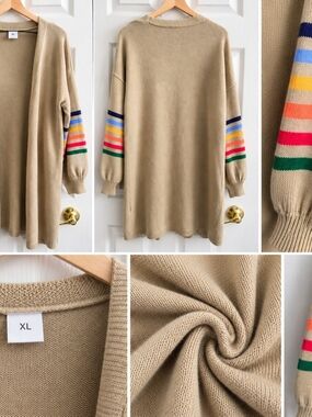 Amazon Beige Open-Front Cardigan with Multicolor Stripe Sleeves